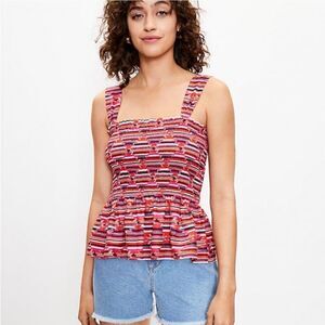 New Loft Ikat Top Smocked Peplum Purple Red Sleeveless XL